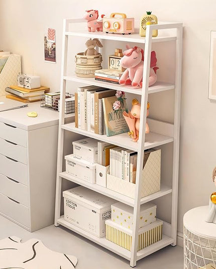 IOTXY 5-Tier Ladder Shelf Bookcase - Wooden Open Bookshelf with Metal Frame, Display Rack for Living Room, Bedroom, Kitchen, and Home Office, White - LeafyLoom