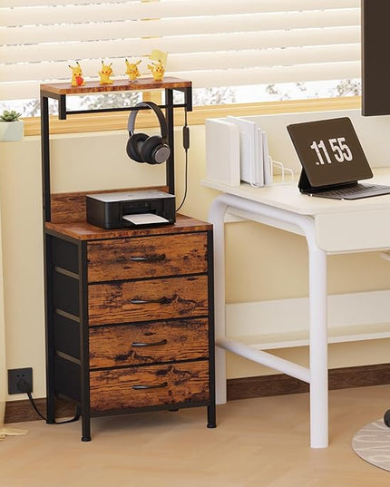 Furnulem Tall Nightstands Set of 2, Night Stand with 4 Drawers and and shelves, Tall Bedside Table with Charging Station and LED Lights for Bedroom, Office, Dorm (Rustic Brown) - LeafyLoom