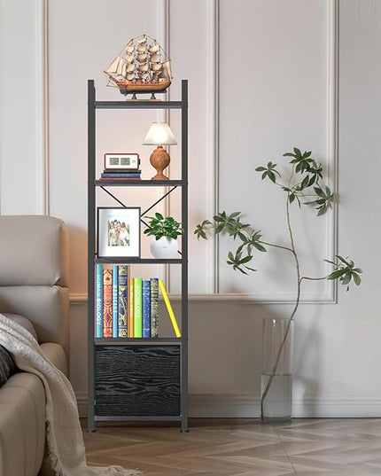 Narrow-Bookshelf-With-Storage-Drawer, 5-Tier Small Standing Book Shelf Organizer For Small Space, Tall Thin Bookcase Shelf For Bedroom Living Room Office, Wooden Shelving Unit Rack For Display - LeafyLoom