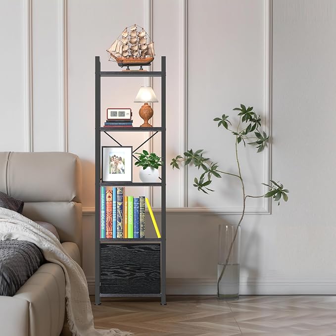 Narrow-Bookshelf-With-Storage-Drawer, 5-Tier Small Standing Book Shelf Organizer For Small Space, Tall Thin Bookcase Shelf For Bedroom Living Room Office, Wooden Shelving Unit Rack For Display - LeafyLoom