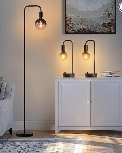 Industrial Lamp Set 3 Piece-1 Floor Lamp and 2 Dimmable Table Lamp- 3 Pack Modern Matching Floor and Table Lamp with Gradient Black Globe Bulb for Living Room,Bedroom(Bulb Included) - LeafyLoom