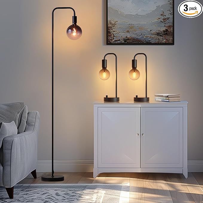 Industrial Lamp Set 3 Piece-1 Floor Lamp and 2 Dimmable Table Lamp- 3 Pack Modern Matching Floor and Table Lamp with Gradient Black Globe Bulb for Living Room,Bedroom(Bulb Included) - LeafyLoom