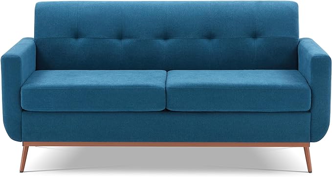 65" Loveseat Sofa, Mid Century Modern Love Seat Couches for Living Room, Comfy Upholstered Sofa Couch for Bedroom, Tufted Design 2 Seater Love Seat Sofa for Small Spaces (Linen-Blue) - LeafyLoom