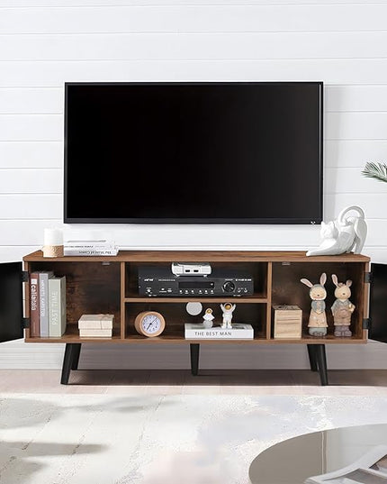 Iwell TV Stand for 55 inch TV, TV Console, Entertainment Center with 2 Cabinets & Open Shelf, Mid Century Modern TV Stand for Living Room/Bedroom, Black - LeafyLoom