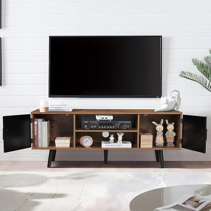 Iwell TV Stand for 55 inch TV, TV Console, Entertainment Center with 2 Cabinets & Open Shelf, Mid Century Modern TV Stand for Living Room/Bedroom, Black - LeafyLoom