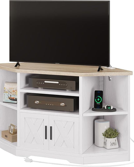 YITAHOME Corner TV Stand for TV Up to 55 Inch with Power Outlet, Farmhouse TV Console w/Adjustable Storage Shelf, Entertainment Center for Living Room,Bedroom, Grey White & Grey Wash, 47 inches - LeafyLoom
