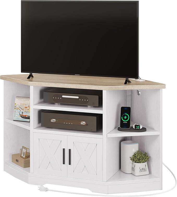 YITAHOME Corner TV Stand for TV Up to 55 Inch with Power Outlet, Farmhouse TV Console w/Adjustable Storage Shelf, Entertainment Center for Living Room,Bedroom, Grey White & Grey Wash, 47 inches - LeafyLoom