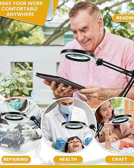 Magnifying Glass with Light and Stand - 2-in-1 Stepless Dimmable LED Magnifying Desk Lamp with Clamp - 3 Color Modes Lighted Magnifier Lens Swivel Arm Light for Reading, Craft, Close Works - LeafyLoom