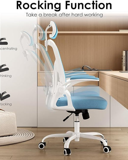 Farini Ergonomic Office Chair, Home Office Desk Chair with Headrest, High Back Computer Chair with Flip-up Armrests and Adjustable Lumbar Support for Home Office Study Room (with Headrest, Blue) - LeafyLoom