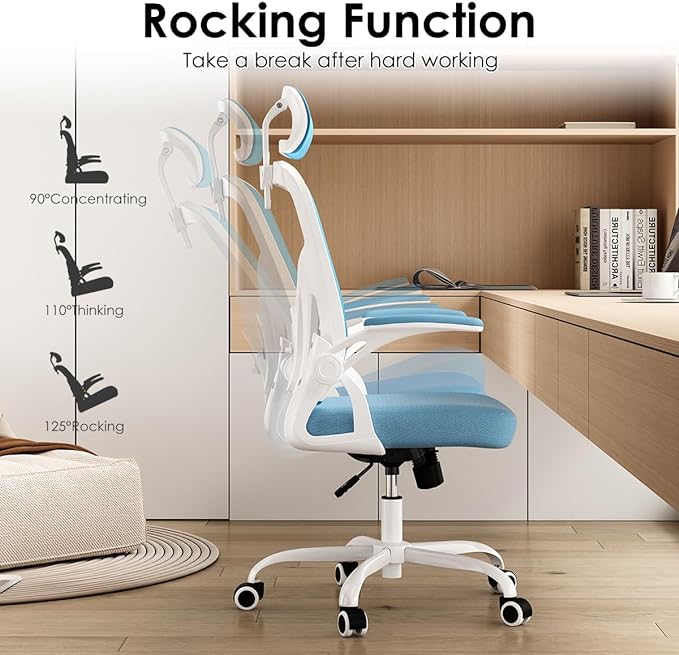 Farini Ergonomic Office Chair, Home Office Desk Chair with Headrest, High Back Computer Chair with Flip-up Armrests and Adjustable Lumbar Support for Home Office Study Room (with Headrest, Blue) - LeafyLoom