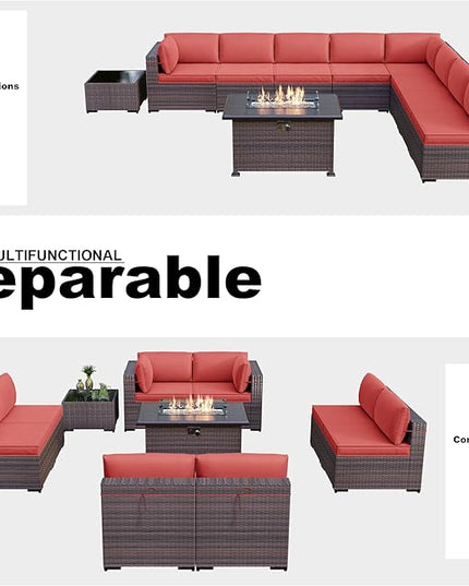Kullavik 10 Pieces Outdoor Patio Furniture Set with 43" Gas Propane Fire Pit Table PE Wicker Rattan Sectional Sofa Patio Conversation Sets,Red - LeafyLoom