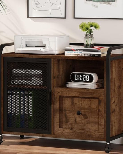 BON AUGURE Filing Cabinet for Home Office, Rolling Lateral File Cabinet with Storage, Wood Metal Printer Stand with Drawer (Rustic Oak) - LeafyLoom
