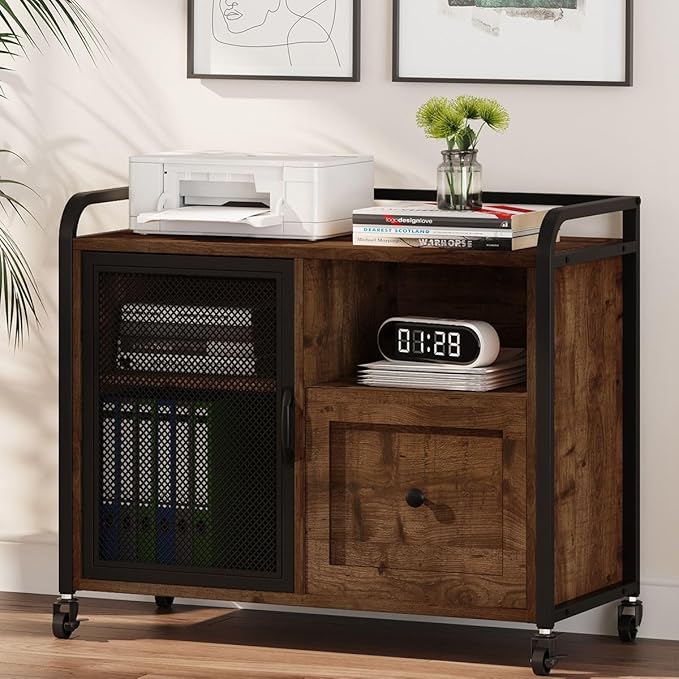 BON AUGURE Filing Cabinet for Home Office, Rolling Lateral File Cabinet with Storage, Wood Metal Printer Stand with Drawer (Rustic Oak) - LeafyLoom