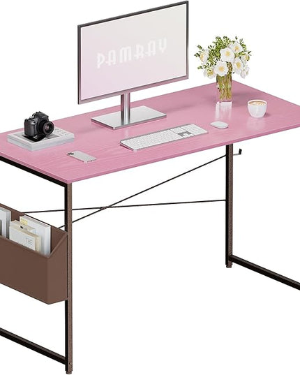 Pamray 47 Inch Computer Desk Small Spaces Desk with Storage Bag for Bedroom Writing and Home Office Work Small Study Desk Table Pink - LeafyLoom