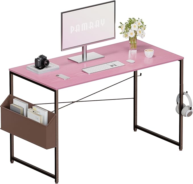 Pamray 47 Inch Computer Desk Small Spaces Desk with Storage Bag for Bedroom Writing and Home Office Work Small Study Desk Table Pink - LeafyLoom