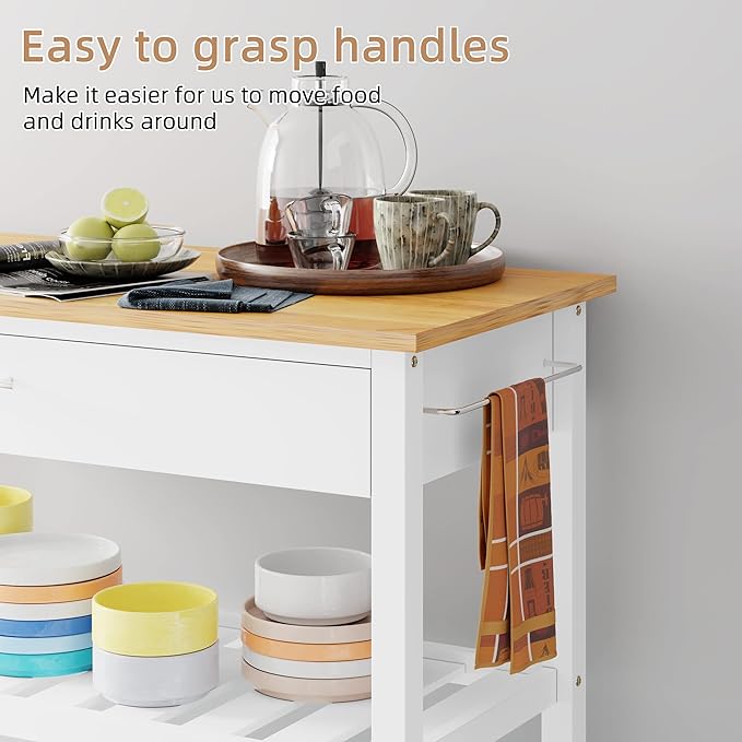 Shintenchi Kitchen Island Cart with Storage,Rolling Kitchen Island Side Table on Wheels with Large Worktop,Storage Cabinet,Towel Rack,Drawers and Open Shelves for Kitchen,Dinning Room,White - LeafyLoom