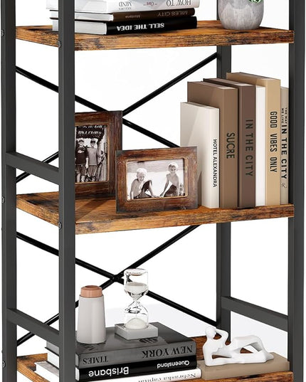 Bookshelf, 3 Tier Industrial Bookcase, Metal Small Bookcase, Rustic Etagere Book Shelf Storage Organizer for Living Room, Bedroom, and Home Office(Rustic Brown) Patent Pending D29873033 - LeafyLoom
