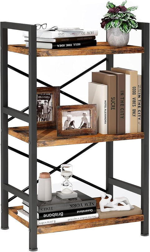 Bookshelf, 3 Tier Industrial Bookcase, Metal Small Bookcase, Rustic Etagere Book Shelf Storage Organizer for Living Room, Bedroom, and Home Office(Rustic Brown) Patent Pending D29873033 - LeafyLoom