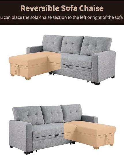 L Shaped Convertible Sofa, 82 Inch Sectional Couch Chaise, Linen Reversible Upholstered Pull Out Bed with Storage Space for Living Room, Apartment and Office, Light Gray - LeafyLoom