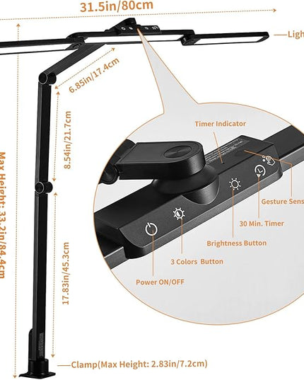 Desk Lamp with Hand-Sweep Sensor Desk Lamps for Home Office Desk Lamp with Clamp with 2 USB C+A Ports 24W LED Desk Light Clip On Desk Lamp with Timer, 3 Colors, 7 Brightness Dimmable Lamp For Desk - LeafyLoom