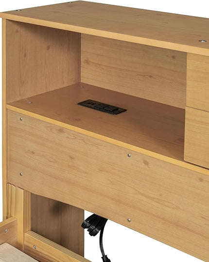 Full Size Wood Pltaform Trundle and 3 Drawers/Upper Shelves,Multifunctional Storage Bed Frame,W/a Set of USB Ports & Sockets,for Apartment,Bedroom,Living Room,Natural - LeafyLoom
