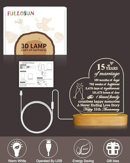 FULLOSUN Anniversary Wedding Gifts for Him/Her, I Love You Night Light 3D Illusion Lamp for Couple Wife Husband Romantic Valentines Wedding Day Present(15th) - LeafyLoom