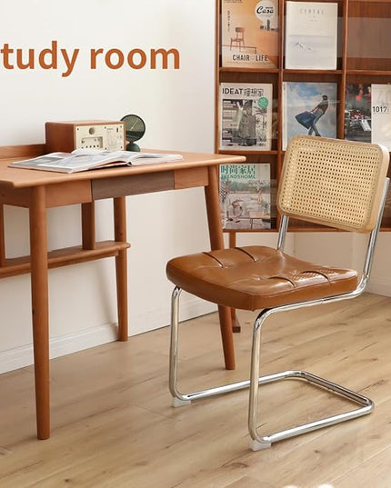 Dining Chairs Set of 2, Faux Leather Rattan Side Accent Chairs with Chrome Legs, Modern Mid Century Designed Chairs for Dining,Living Room,Kitchen Chairs (Leather Brown) - LeafyLoom