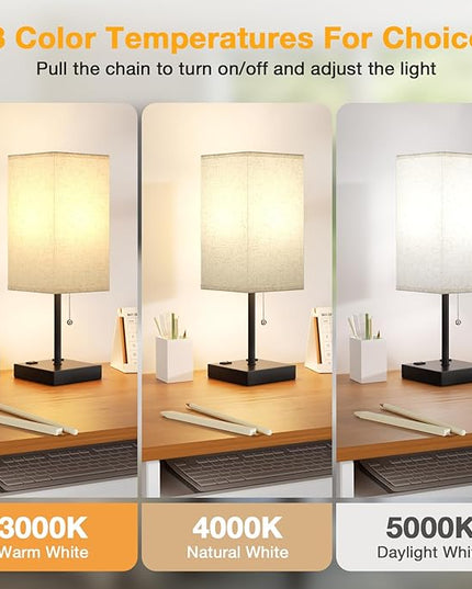 aooshine Beige Table Lamp for Bedroom - 3 Color Temperature 3000K 5000K 4000K Bedside Lamp, Pull Chain Control, USB A and C Ports, AC Outlets, Bulb Included, Medium - LeafyLoom