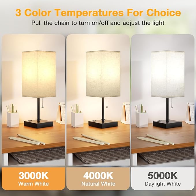 aooshine Beige Table Lamp for Bedroom - 3 Color Temperature 3000K 5000K 4000K Bedside Lamp, Pull Chain Control, USB A and C Ports, AC Outlets, Bulb Included, Medium - LeafyLoom