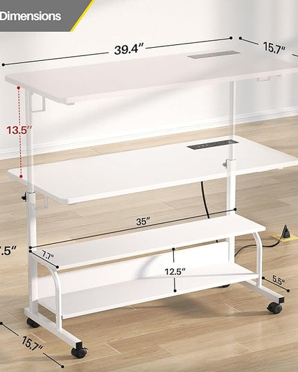 Height Adjustable Standing Desk with Power Outlets, 39" Manual Stand Up Desk with Storage Shelves Small Mobile Rolling Computer Desk Portable Laptop Table with Wheels for Home Office, White - LeafyLoom