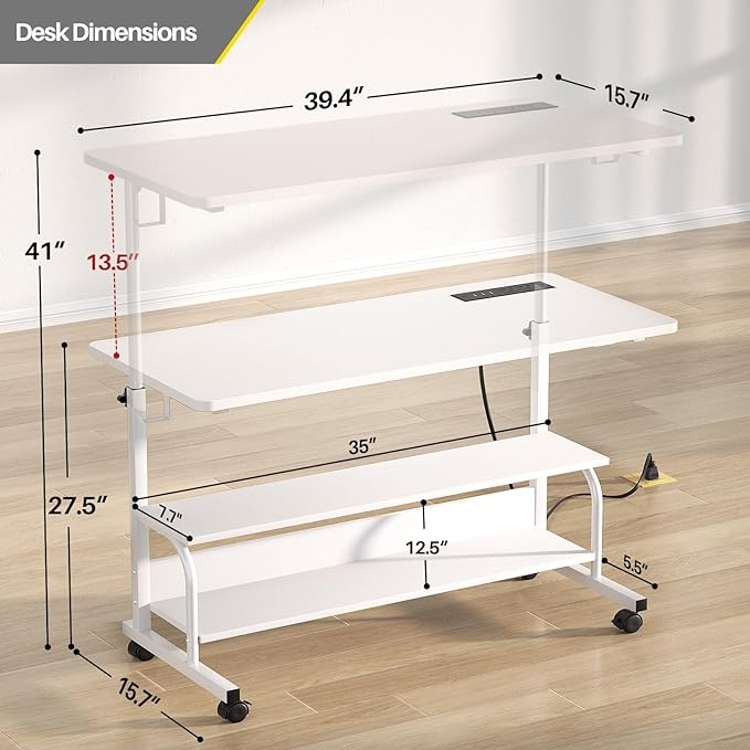 Height Adjustable Standing Desk with Power Outlets, 39" Manual Stand Up Desk with Storage Shelves Small Mobile Rolling Computer Desk Portable Laptop Table with Wheels for Home Office, White - LeafyLoom
