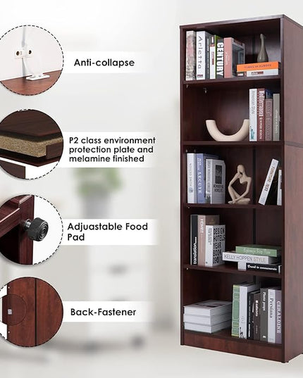 5 Shelf Wood Bookcase Freestanding Display Shelf Adjustable Layers Bookshelf for Home Office Library Small Narrow Space(Cherry, 5-Layers,24.4W x 11.6D x 68.9H inch) - LeafyLoom
