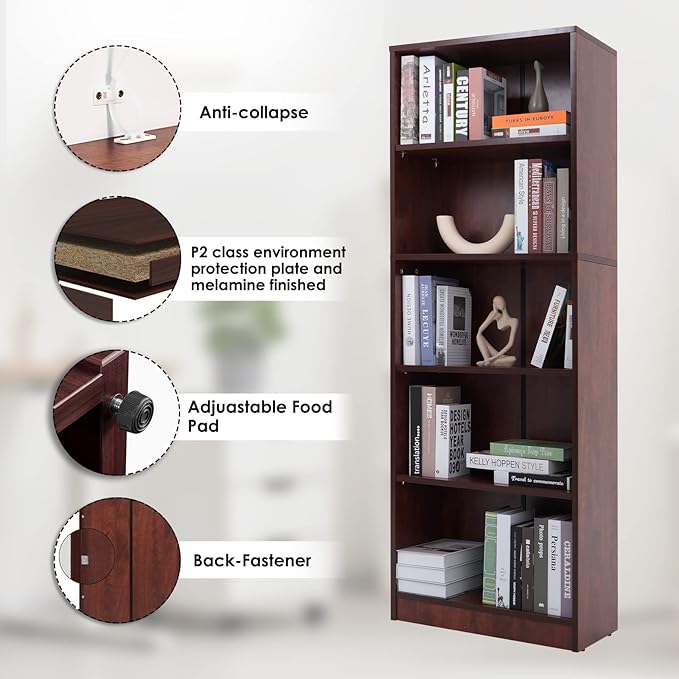 5 Shelf Wood Bookcase Freestanding Display Shelf Adjustable Layers Bookshelf for Home Office Library Small Narrow Space(Cherry, 5-Layers,24.4W x 11.6D x 68.9H inch) - LeafyLoom