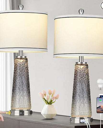 Glass Table Lamp Set of 2, 26" Modern Table Lamps with USB A+C Ports & AC Outlet, Touch Control Bedside Nightstand Lamp with LED Night Light for Living Room Bedroom Home Decor Black(4 Bulbs Included) - LeafyLoom