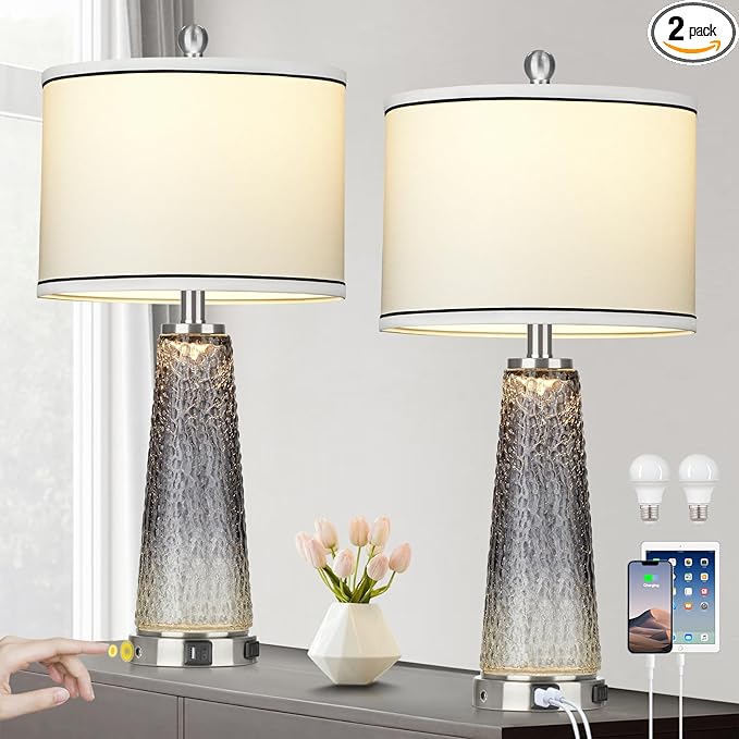 Glass Table Lamp Set of 2, 26" Modern Table Lamps with USB A+C Ports & AC Outlet, Touch Control Bedside Nightstand Lamp with LED Night Light for Living Room Bedroom Home Decor Black(4 Bulbs Included) - LeafyLoom