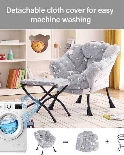 Welnow Toddler Kids Lazy Chair with Ottoman, Glow in The Dark Accent Comfy Lounge Children Armchair Couch with Removable Cover, Detachable Reading Chair with Footrest for Boy or Girl, Grey Star - LeafyLoom