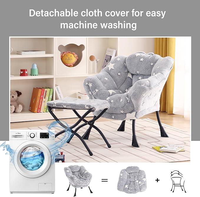 Welnow Toddler Kids Lazy Chair with Ottoman, Glow in The Dark Accent Comfy Lounge Children Armchair Couch with Removable Cover, Detachable Reading Chair with Footrest for Boy or Girl, Grey Star - LeafyLoom