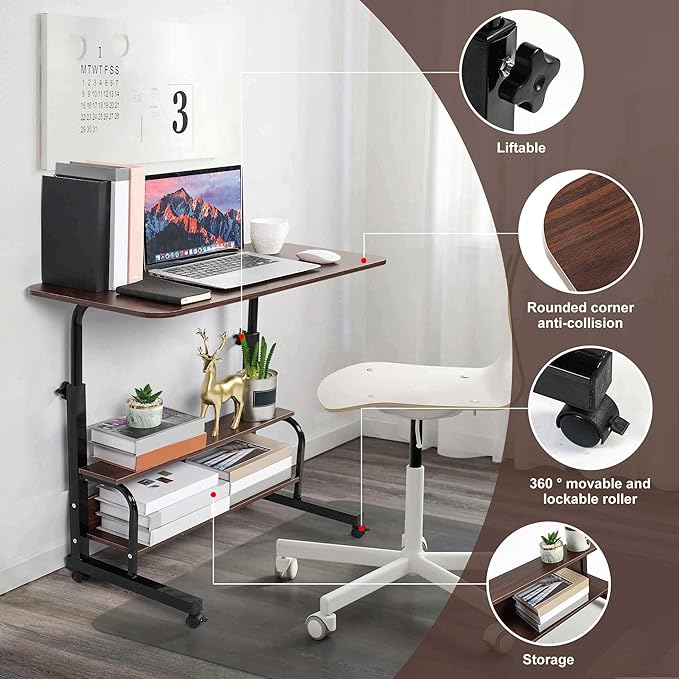 Height Adjustable Home Office Desk Movable Convenient Desk Small Spaces Computer Table Bedside Storage Desk Portable Desk Living Room Sofa Furniture Fashion Desk Size 15.7 * 31.5 Inch Brown - LeafyLoom