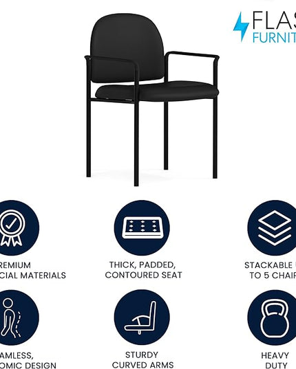 Flash Furniture Tiffany Side Reception Chair with Padded Armrests, Stackable Vinyl Waiting Room Chair for Commercial or Residential Use, Black - LeafyLoom
