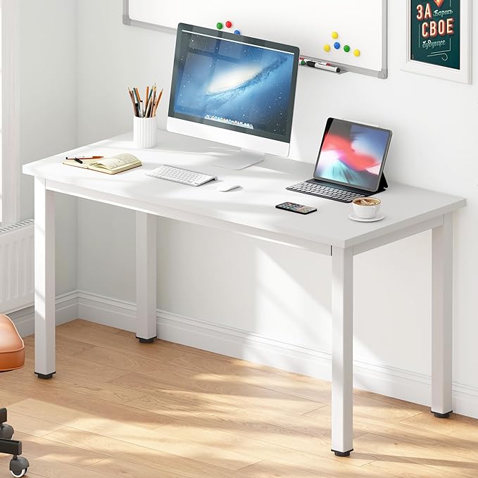 DlandHome 47 inches Medium Computer Desk, Home Composite Wood Board Desk, Decent and Steady Home Office School Desk/Workstation/Table, BS1-120WW White and White Legs, 1 Pack - LeafyLoom