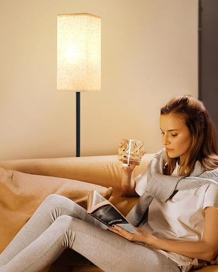 Ambimall Floor Lamps for Living Room - Remote Control, 9W Stepless Dimmable Bulb, Foot Switch, Color Temperatures, 64'' Tall Standing Lamp, Beige Lampshade, Reading Bedroom,Office (Black) - LeafyLoom