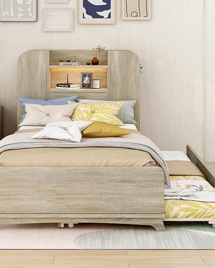 Merax Twin Bed Frame with Trundle and Bookcase Headboard,Kids Wood Platform Bed with Pull Out Bed and Light Strip in Headboard - LeafyLoom