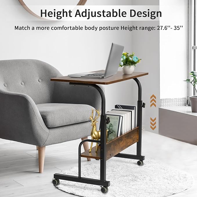 SIDUCAL Mobile Laptop Cart, Rolling Desk Adjustable Height, Rolling Computer Cart, Portable Laptop Desk, Small Adjustable Desk, Rolling Laptop Desk, Small Portable Desk with Wheels 23.6'' Rustic Brown - LeafyLoom