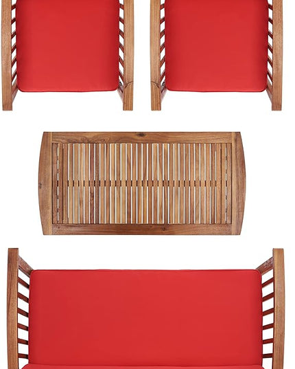 SAFAVIEH Outdoor Collection Rocklin Natural/ Red Cushion 4-Piece Conversation Patio Set - LeafyLoom