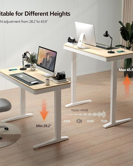 Standing Desk with Drawer and Wireless Charging,48x24 inch Dual Motor Standing Desk, Sit Stand Desk with Whole-Piece Desktop,Stand Up Desk for Home Office(White Oval Legs + Bamboo Top) - LeafyLoom