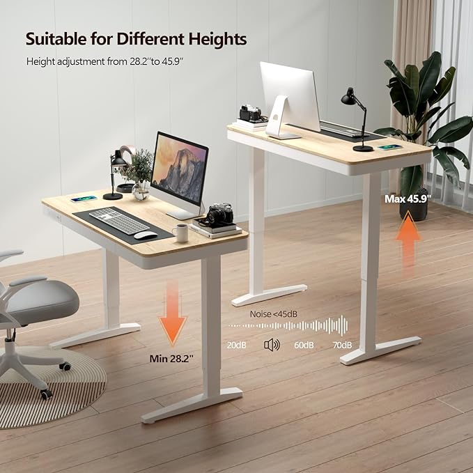 Standing Desk with Drawer and Wireless Charging,48x24 inch Dual Motor Standing Desk, Sit Stand Desk with Whole-Piece Desktop,Stand Up Desk for Home Office(White Oval Legs + Bamboo Top) - LeafyLoom