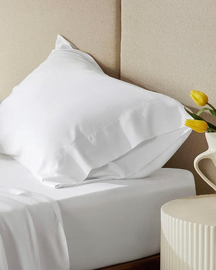 Bedsure Queen Sheets, Rayon Derived from Bamboo, Queen Cooling Sheet Set, Deep Pocket Up to 16", Breathable & Soft Bed Sheets, Hotel Luxury Silky Bedding Sheets & Pillowcases, White - LeafyLoom