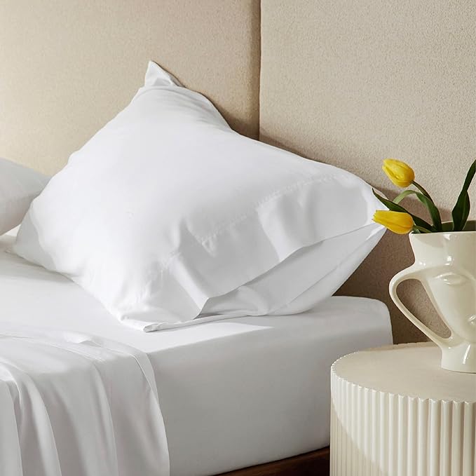 Bedsure Queen Sheets, Rayon Derived from Bamboo, Queen Cooling Sheet Set, Deep Pocket Up to 16", Breathable & Soft Bed Sheets, Hotel Luxury Silky Bedding Sheets & Pillowcases, White - LeafyLoom