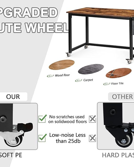 AHB 47" Rolling Computer Desk with 4 Smooth Wheels and 3 Iron Hooks, Simple Style Mobile Writing Desk Home Office Study Table Movable Workstation with Metal Frame - LeafyLoom