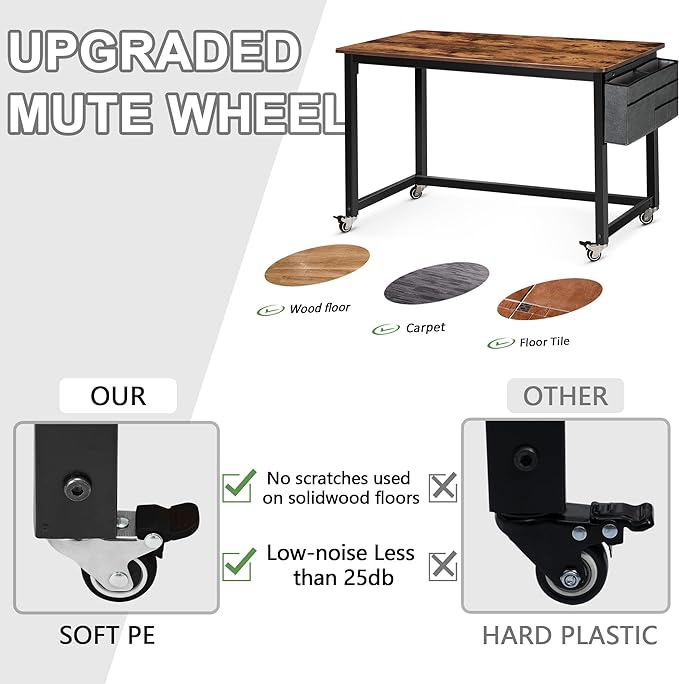 AHB 47" Rolling Computer Desk with 4 Smooth Wheels and 3 Iron Hooks, Simple Style Mobile Writing Desk Home Office Study Table Movable Workstation with Metal Frame - LeafyLoom